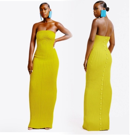 Hanifa Dresses & Skirts - Hanifa Yellow Ribbed Strapless Bodycon Dress